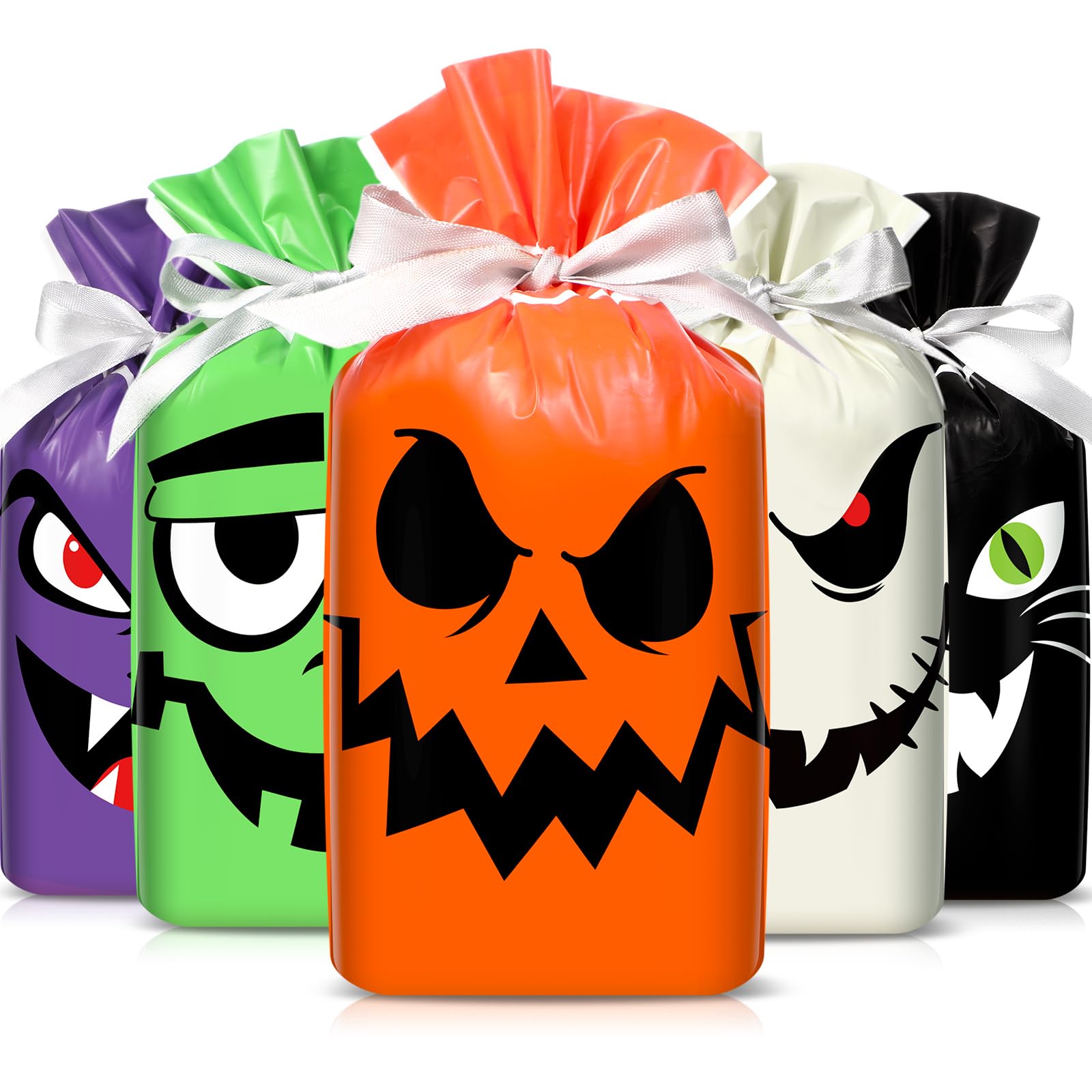 Teenyyou 50 Pcs Halloween Drawstring Treat Bags Halloween Candy Bag Halloween Plastic Snack Bag with Drawstring Halloween Theme Goodie Bag for Halloween Trick or Treat Party Favor Supplies