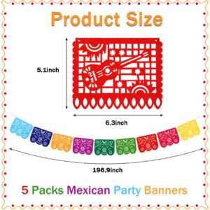 SEPGLITTER 5 Packs Mexican Party Banners, Felt Fiesta Banner Papel Picado Banners Cinco de Mayo Dia De Los Muertos Decor for Day of The Dead Wedding and Mexican Theme Party Supplies