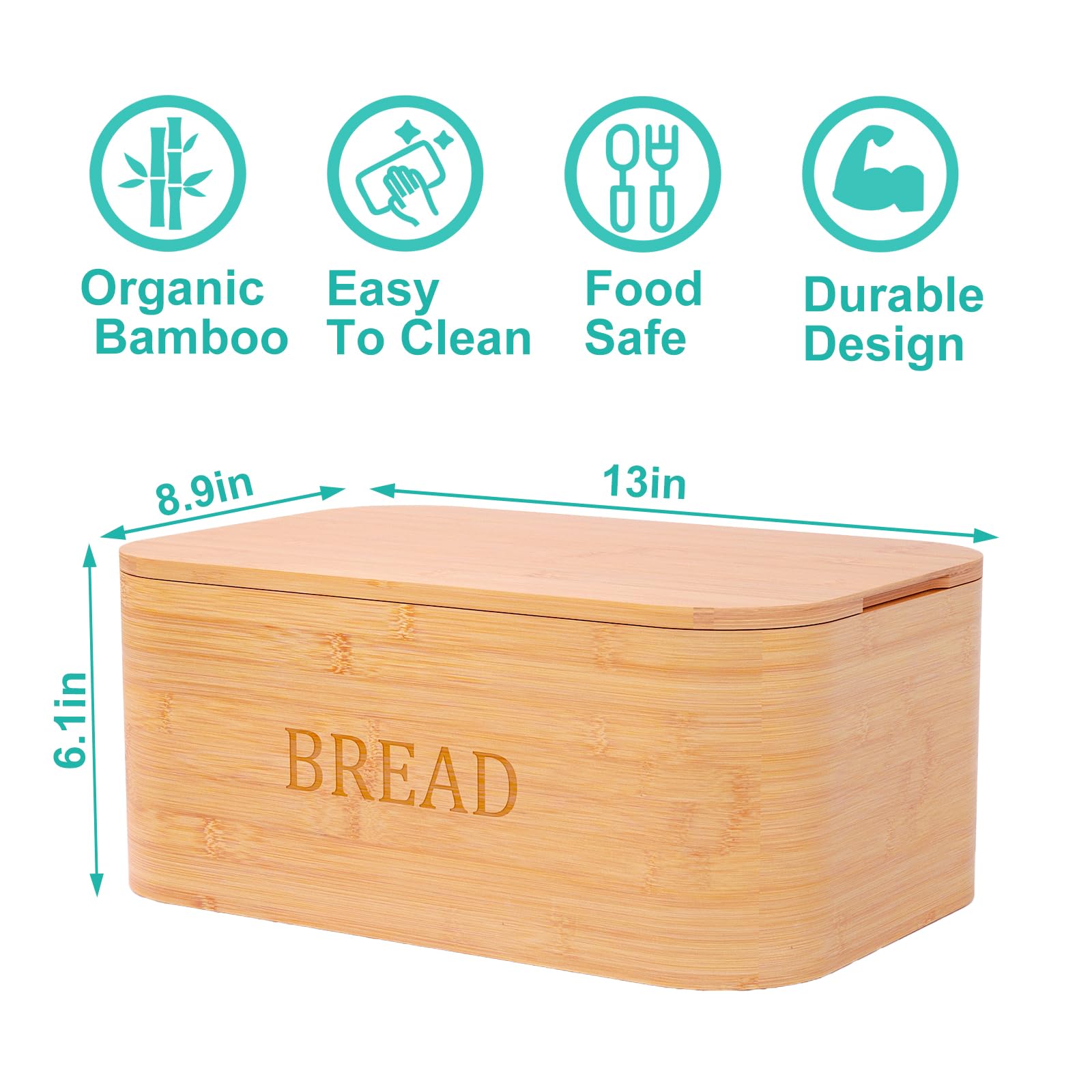 Danfoxer Bamboo Bread Box for Kitchen Countertop,Curved Bamboo Bread Boxes with Cutting Board Lid,Wooden Bread Storage,Bread Container Airtight,Food Storage for Kitchen Counter(Natural)