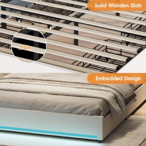 Full Size Bed Frame with Storage Headboard and 4 Drawers, Platform Bed Frame with Charging Station & RGB Lights, Noise-Free, Heavy Duty Wood Slats, No Box Spring Needed, Noise-Free