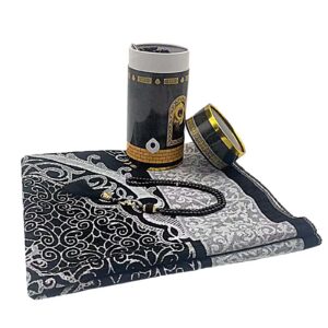 Muslim Prayer Rug and Prayer Beads with Gift Box, Soft Islamic Prayer Mat, Islamic Gifts Set, Prayer Carpet Mat, Sajadah/Janamaz/Seccade (Black-Gray)