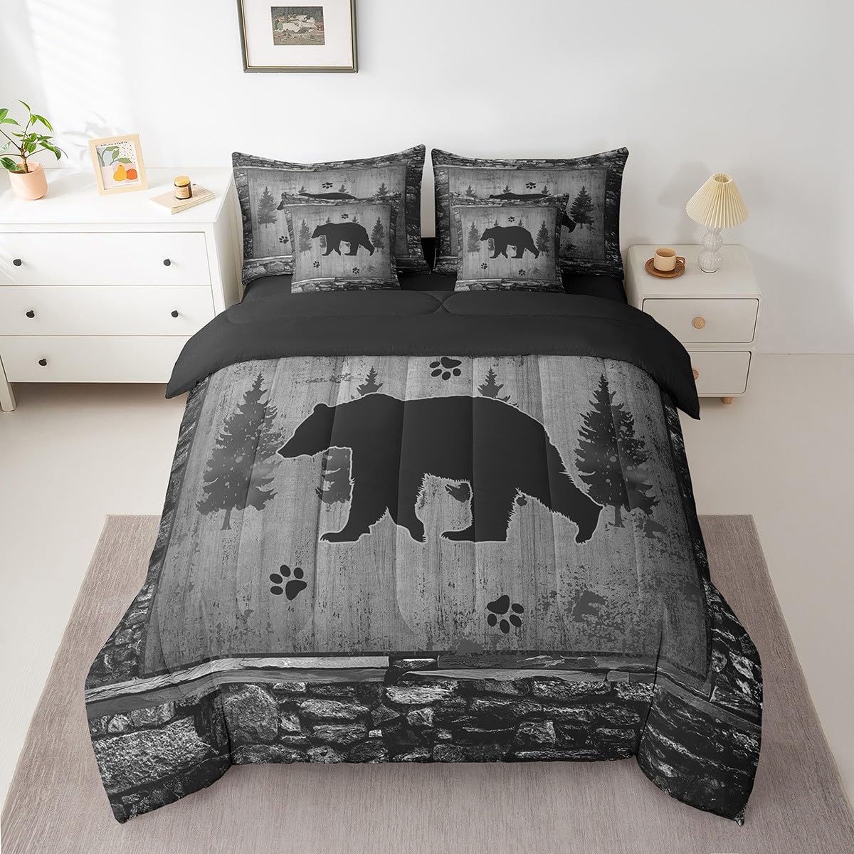 Feelyou Bear Comforter Set with Sheets Full Size 7 Piece Kids Rustic Bear Bedding Set Cabin Lodge Bear Bed in a Bag Farmhouse Nature Wildlife Bear Grey Bed Set