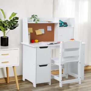 Kids Study Desk and Chair Set with Storage - White Learning Table with Bookshelf and Cabinets for Boys and Girls Ages 3-8