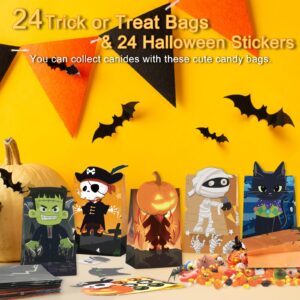 Ouvibor 24 Pcs Halloween Treat Bags with Stickers Halloween Party Paper Bags Trick or Treat Gift Bags Candy Bags Goodie Bags for Halloween Party Supplies