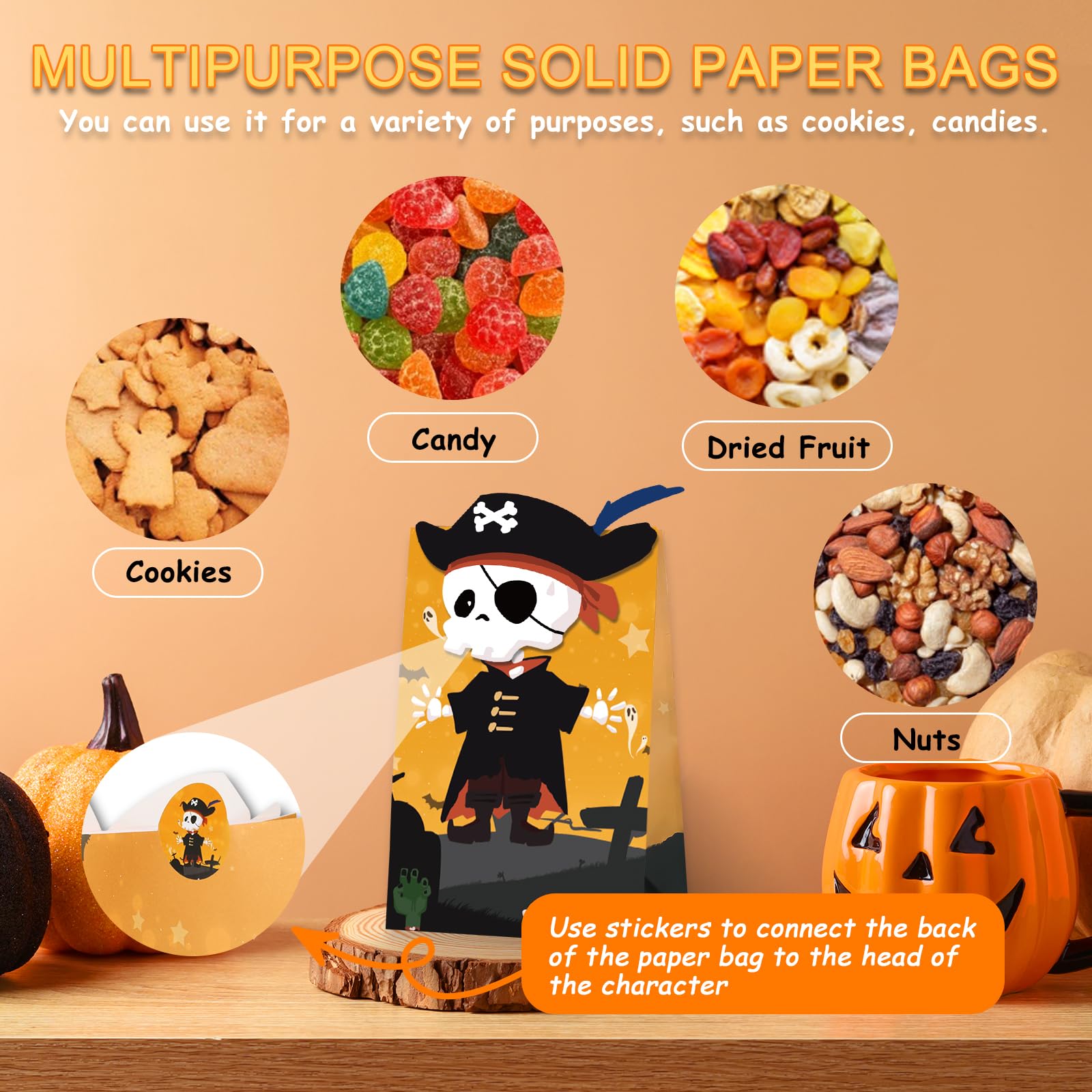 Ouvibor 24 Pcs Halloween Treat Bags with Stickers Halloween Party Paper Bags Trick or Treat Gift Bags Candy Bags Goodie Bags for Halloween Party Supplies