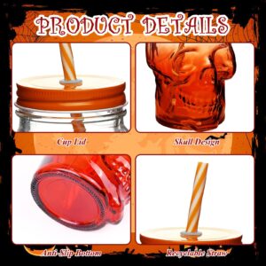 4 Pcs Halloween Skull Mason Jars with Lids 16 Oz Halloween Drinking Glasses with Skull, Skull Mason Jars with Straw, Mason Jar Cup for Halloween Party (Set of 4, Orange, Purple, Red and Green)