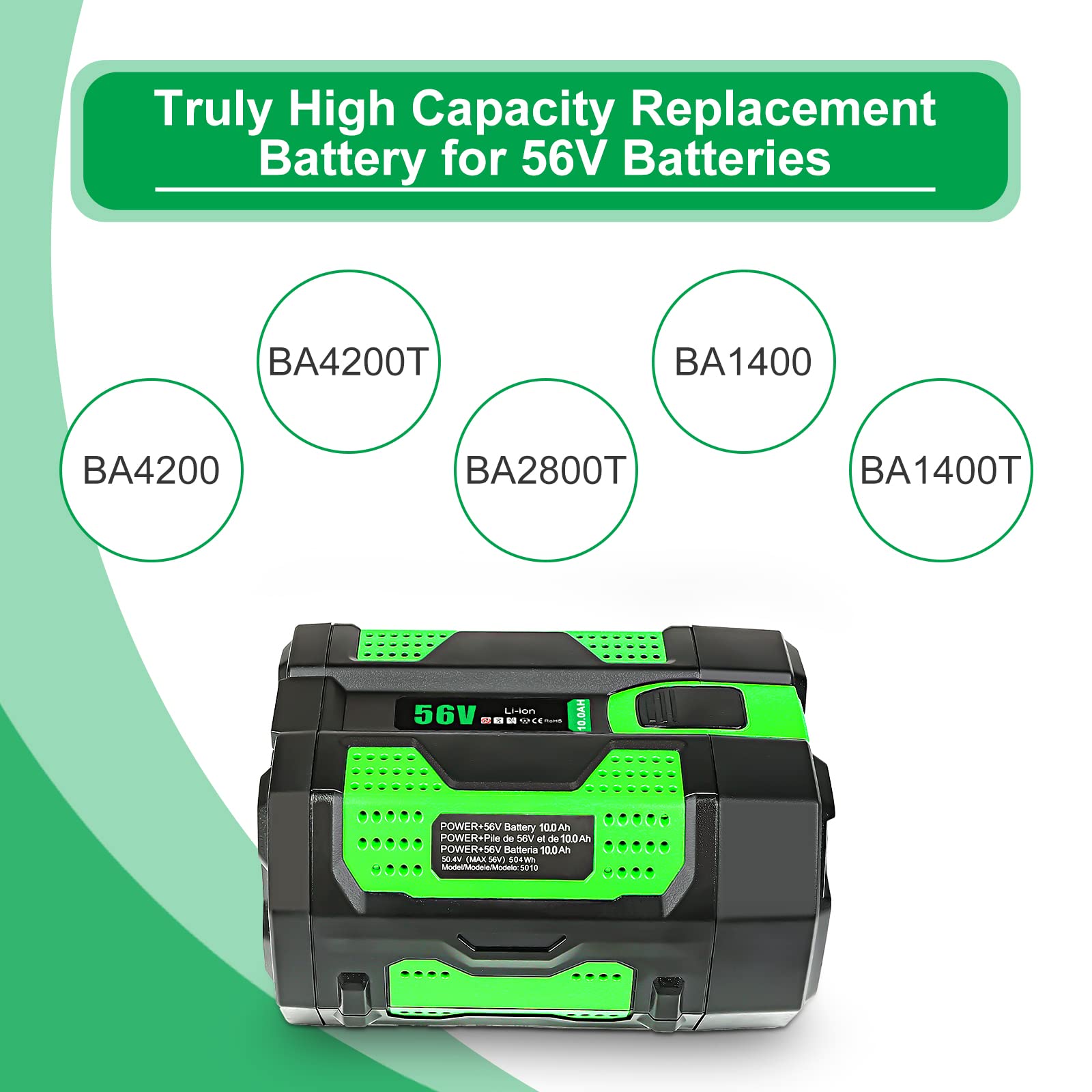 YongerTool 56V 10Ah High Power Rechargeable Lithium-Ion Battery for EGO 56V Cordless Power Equipment Replace BA5600T BA6720T