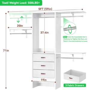 Armocity 5FT Small Closet System with 3 Fabric Drawers, 60 Inches Walk In Closet Organizer System With 3 Adjustable Shelves, Heavy Duty Clothes Rack Built-In Garment Rack, 59" L x 16" W x 71" H, White