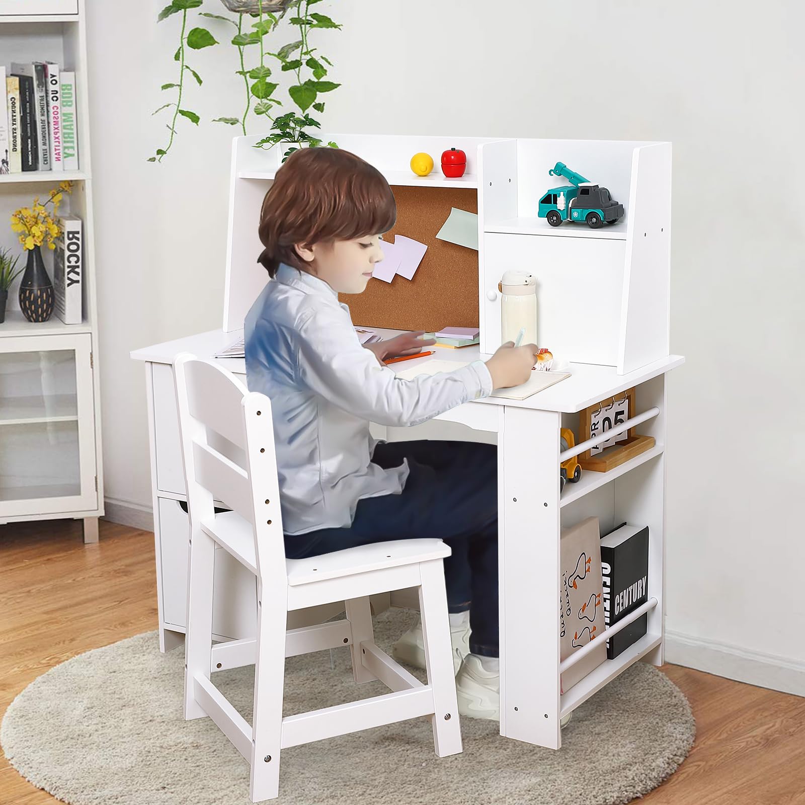 Kids Study Desk and Chair Set with Storage - White Learning Table with Bookshelf and Cabinets for Boys and Girls Ages 3-8