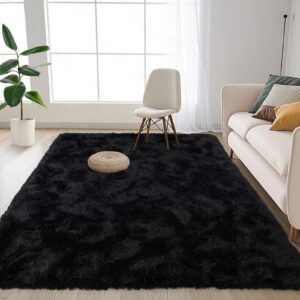 Soft Black Rugs for Bedroom Living Room, 4x6 Feet Modern Indoor Fuzzy Shaggy Area Rug, Non-Slip Fluffy Furry Rug for Nursery Kids Room Dorm Room Home Decor, High Pile Plush Floor Carpet