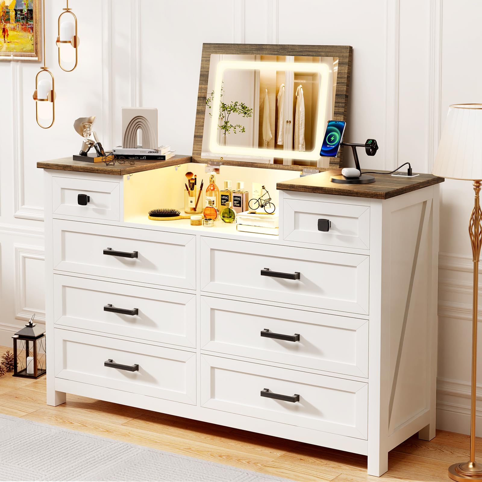 MIIFUNY Dresser with Mirror for Bedroom, 8 Drawer Dresser with Charging Station, Farmhouse Chest of Drawers for Bedroom, Hallway, Kids Room