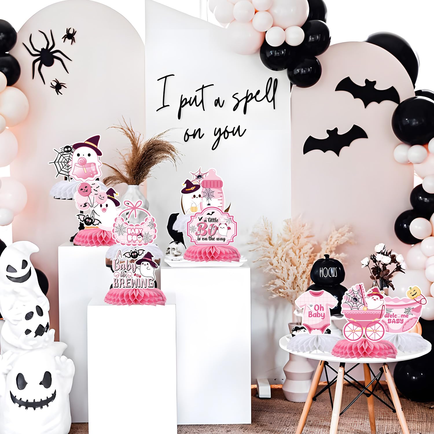 Yoyuspy Halloween Baby Shower Decorations - 9PCS A Little BOO Is On The Way Baby Shower Decorations Cute Ghost Baby Shower Honeycomb Centerpieces Table Decor Pink Gender Reveal Party Supplies Girls