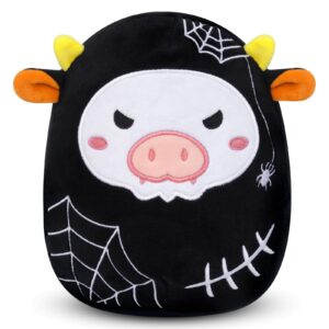 qaujery cow plush, cute cow stuffed animal, 7.5inch black cow plushie with spider web, soft cow plush pillow toys, great birthday for kids home decoration