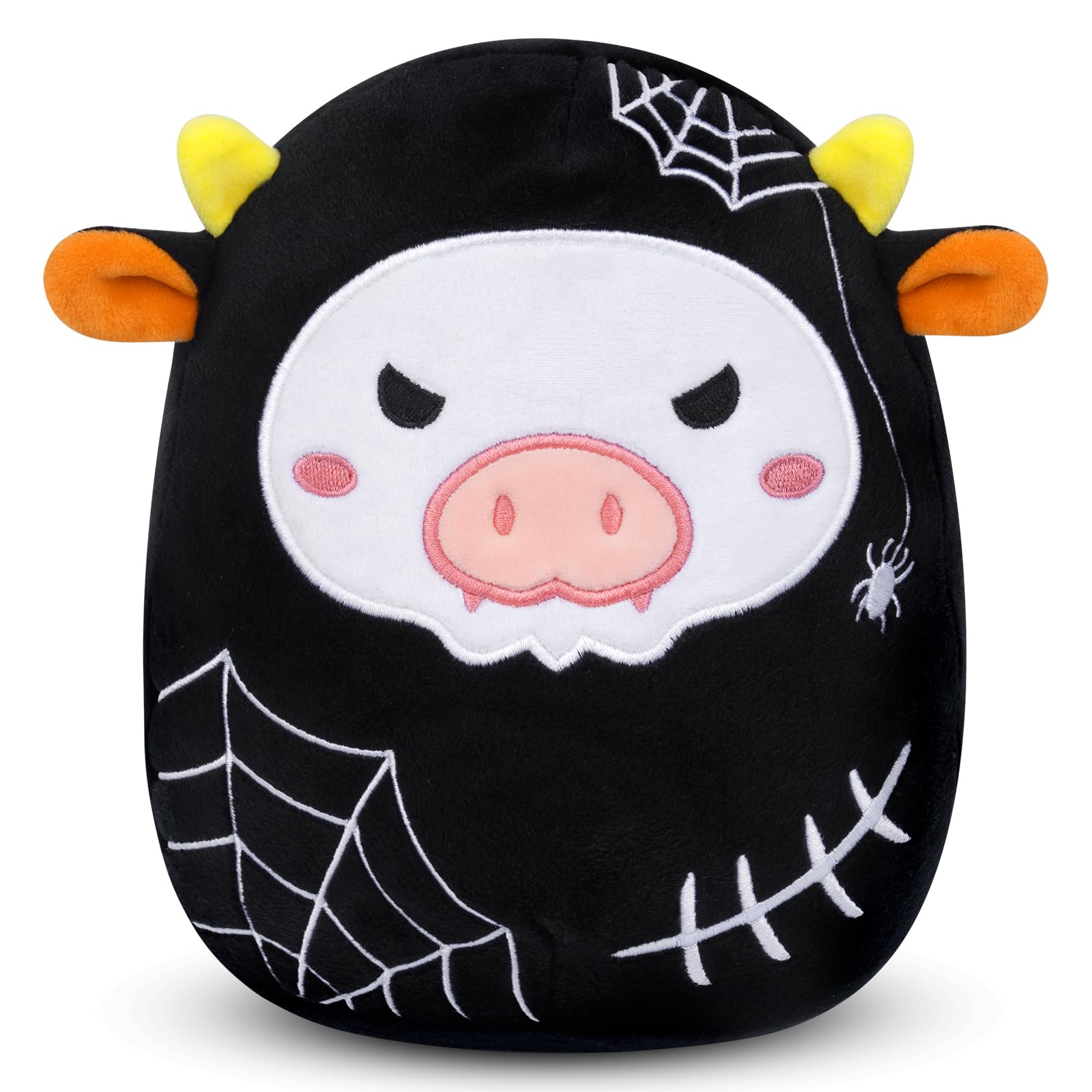 QAUJERY Cow Plush, Cute Cow Stuffed Animal, 7.5Inch Black Cow Plushie with Spider Web, Soft Cow Plush Pillow Toys, Great Birthday for Kids Home Decoration