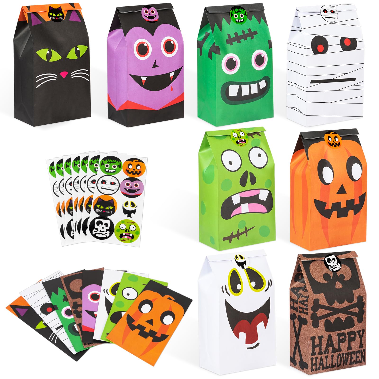 DECORLIFE 40 PCS Cute Halloween Goodie Bags, 8 Style Halloween Treats Bags Party Favor, Trick or Treat, Gifts, Candies, Snacks, Party Supplies, 40 Stickers Included