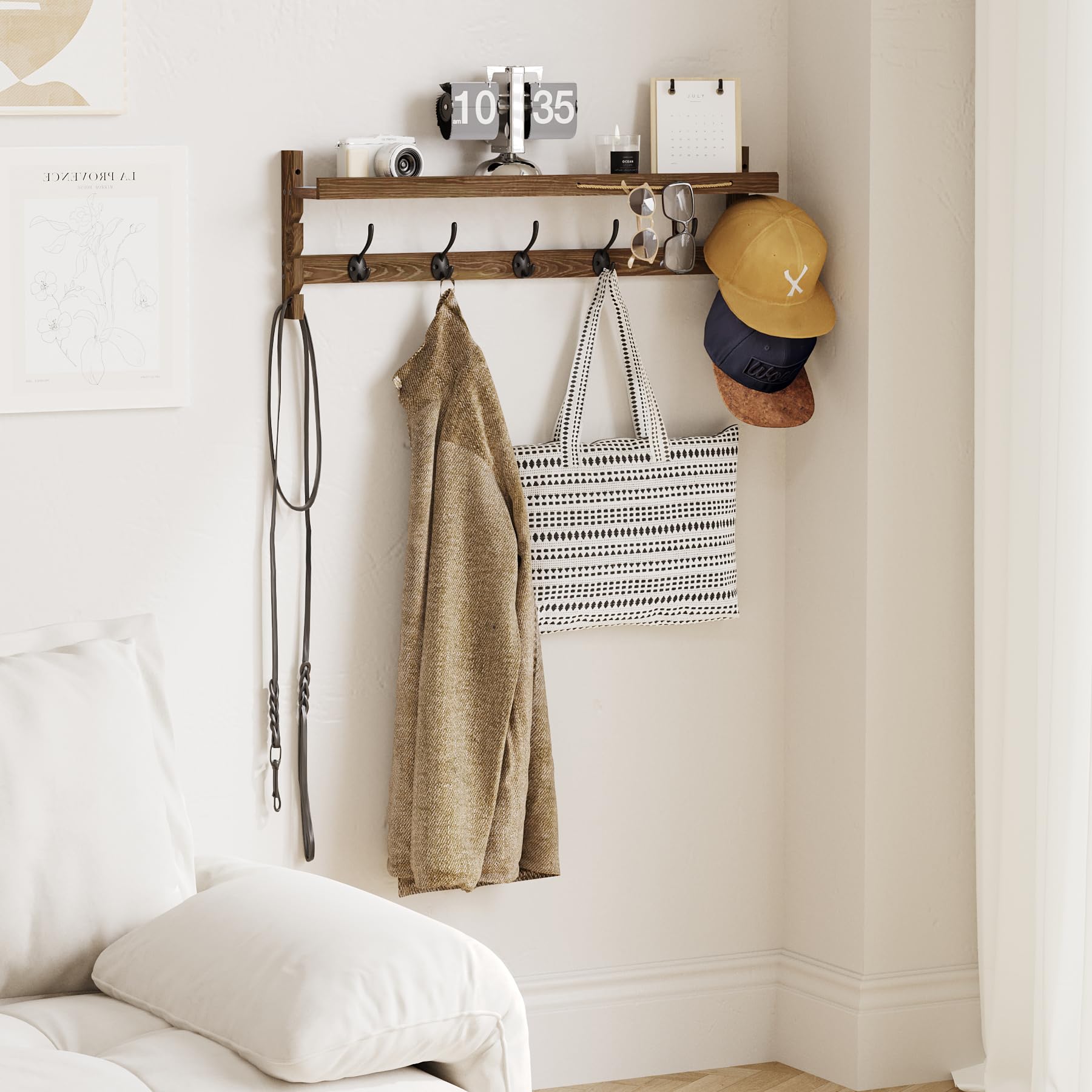 AMBIRD Wall Hooks with Shelf 28.9inch Entryway Wall Hanging Shelf Wood Coat Hooks for Wall with Shelf Coat Rack Wall Mount Rack with 5 Dual Hooks with Glasses Organizer and Hat Organizer