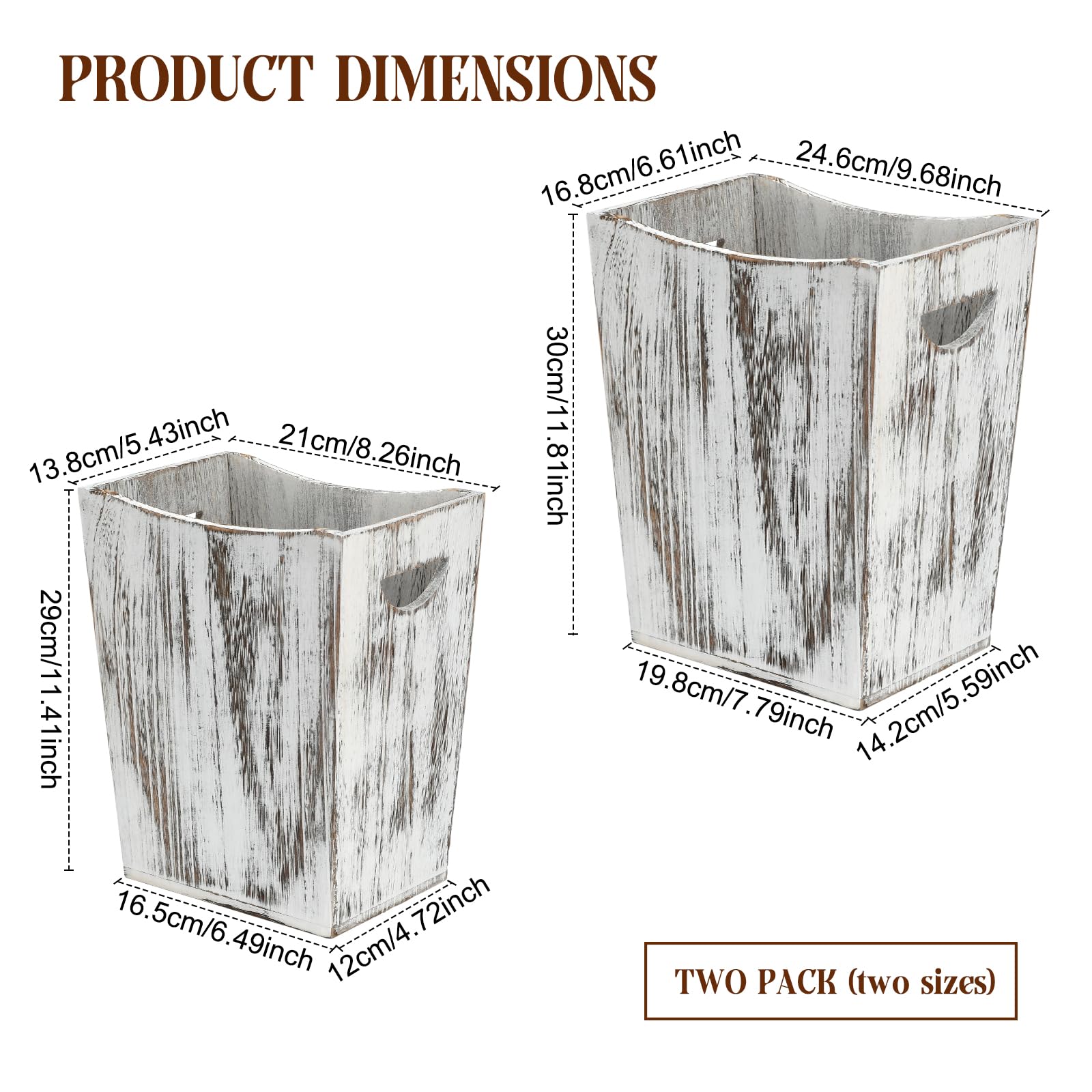 2 Pack Trash Bin Wooden Waste Basket Office Trash Can Bedroom Garbage Can Decorative Wood Bathroom Accessories Trash Can for Office Near Desk, Bedroom, Bathroom, Living Room, Kitchen (Rustic White)