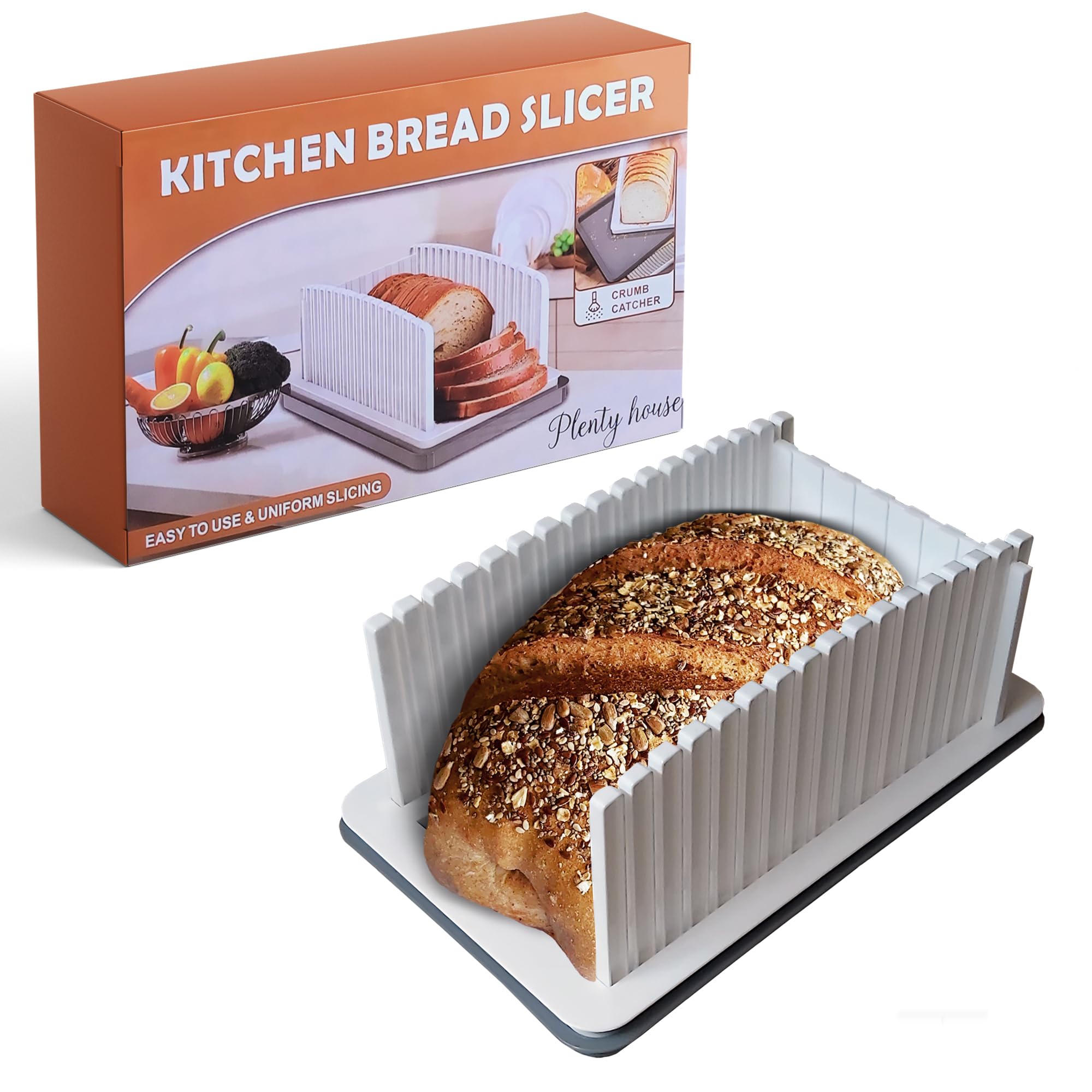 PLENTY HOUSE. Bread slicer for homemade bread. Manual bread slicing guide with adjustable with adjustable width, foldable, compact and with crumb tray. Ideal for sourdough bread, baguettes and bagels.