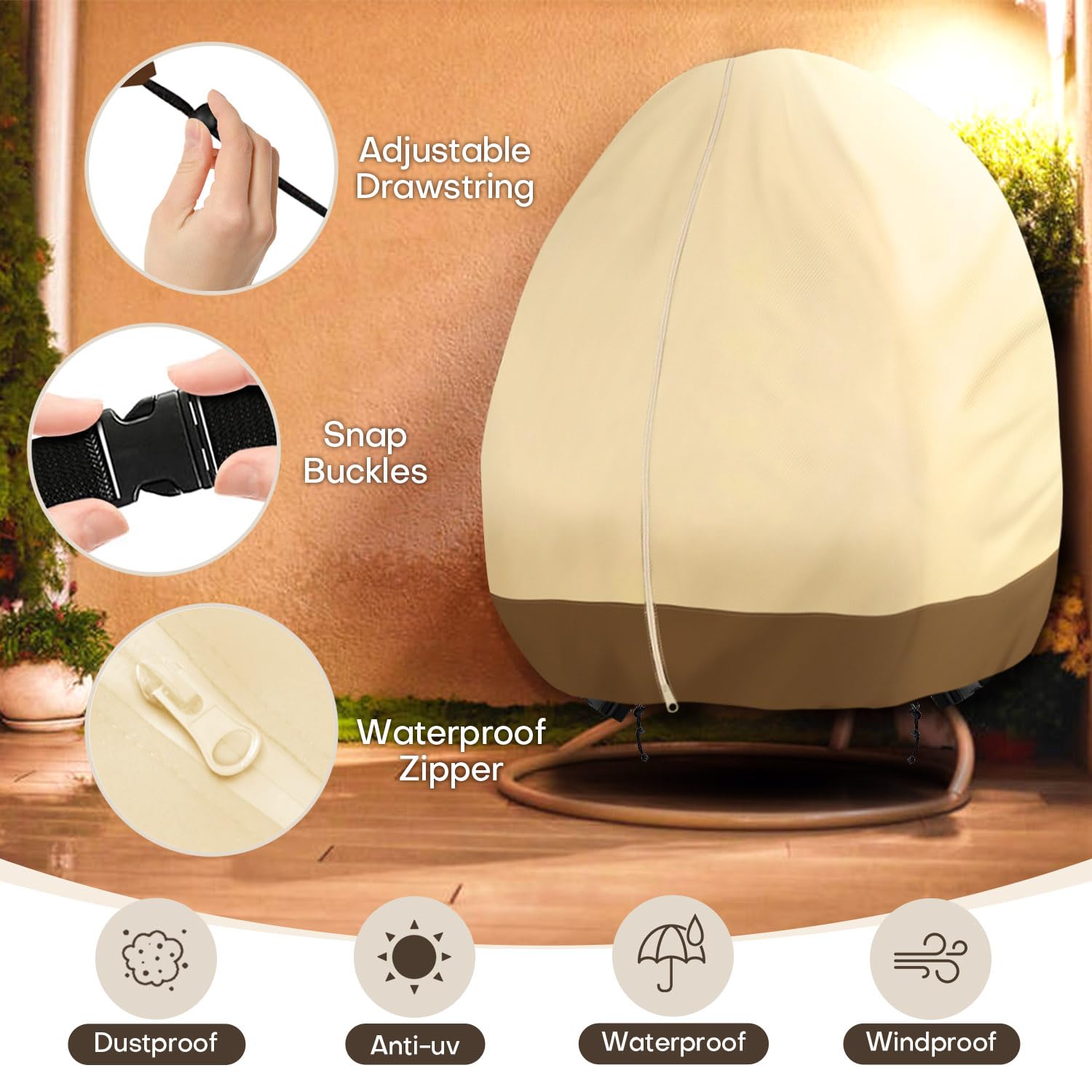 Egg Chair Cover Double - 91x87 Inch Large Patio Hanging Egg Chair Cover 420D Oxford Durable Waterproof Outdoor Chair Cover for Porch Wicker Egg Swing with Zipper Windproof Hanging Chair Cover