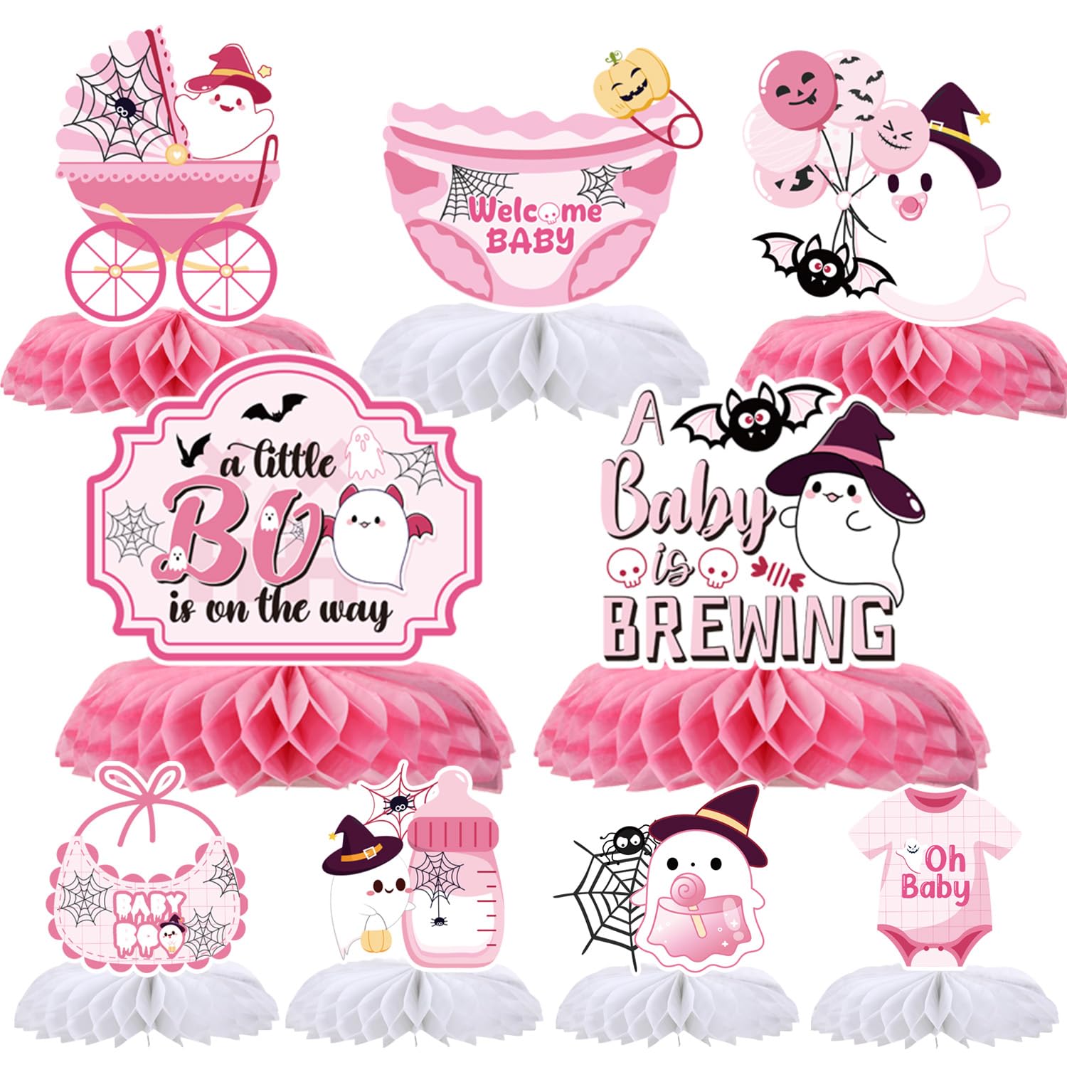 Yoyuspy Halloween Baby Shower Decorations - 9PCS A Little BOO Is On The Way Baby Shower Decorations Cute Ghost Baby Shower Honeycomb Centerpieces Table Decor Pink Gender Reveal Party Supplies Girls