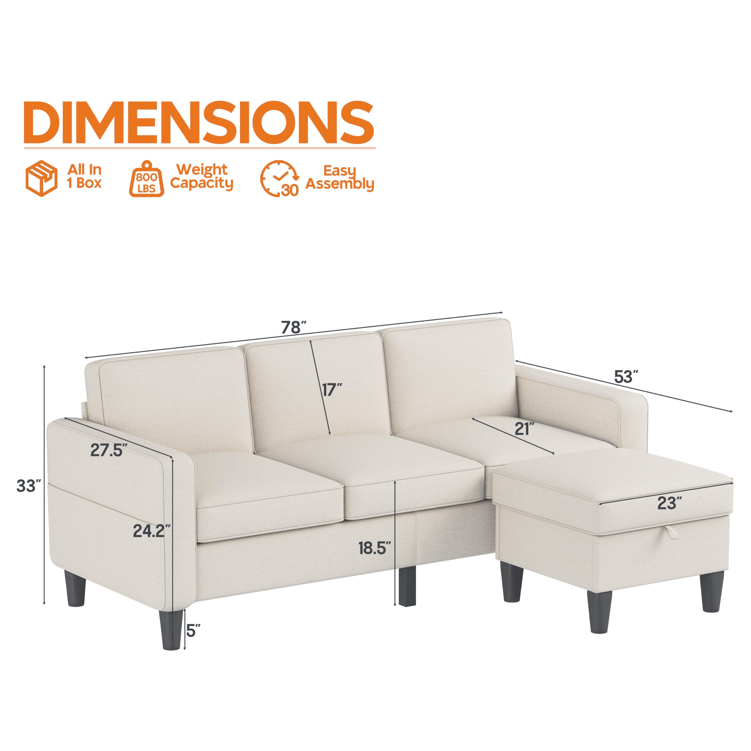 ZeeFu Convertible Sectional Sofa Couch: Beige 3 Seat L-Shaped Sectional Sofa Couches with Storage Ottoman - Modern Linen Fabric Small Sofa Couch Set for Living Room Office Small Space Apartment