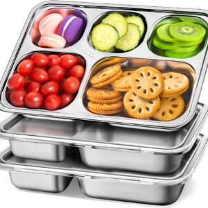 Stainless Steel Snack Containers with Lids - 3 Pack - 5 Compartments Bento Snack Boxes - Reusable Meal Prep Lunch Containers for Kids Adults - Divided Food Storage Containers for School Home Travel