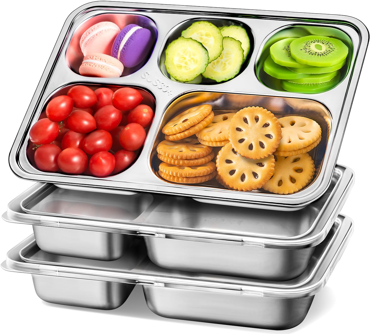 Stainless Steel Snack Containers with Lids - 3 Pack - 5 Compartments Bento Snack Boxes - Reusable Meal Prep Lunch Containers for Kids Adults - Divided Food Storage Containers for School Home Travel