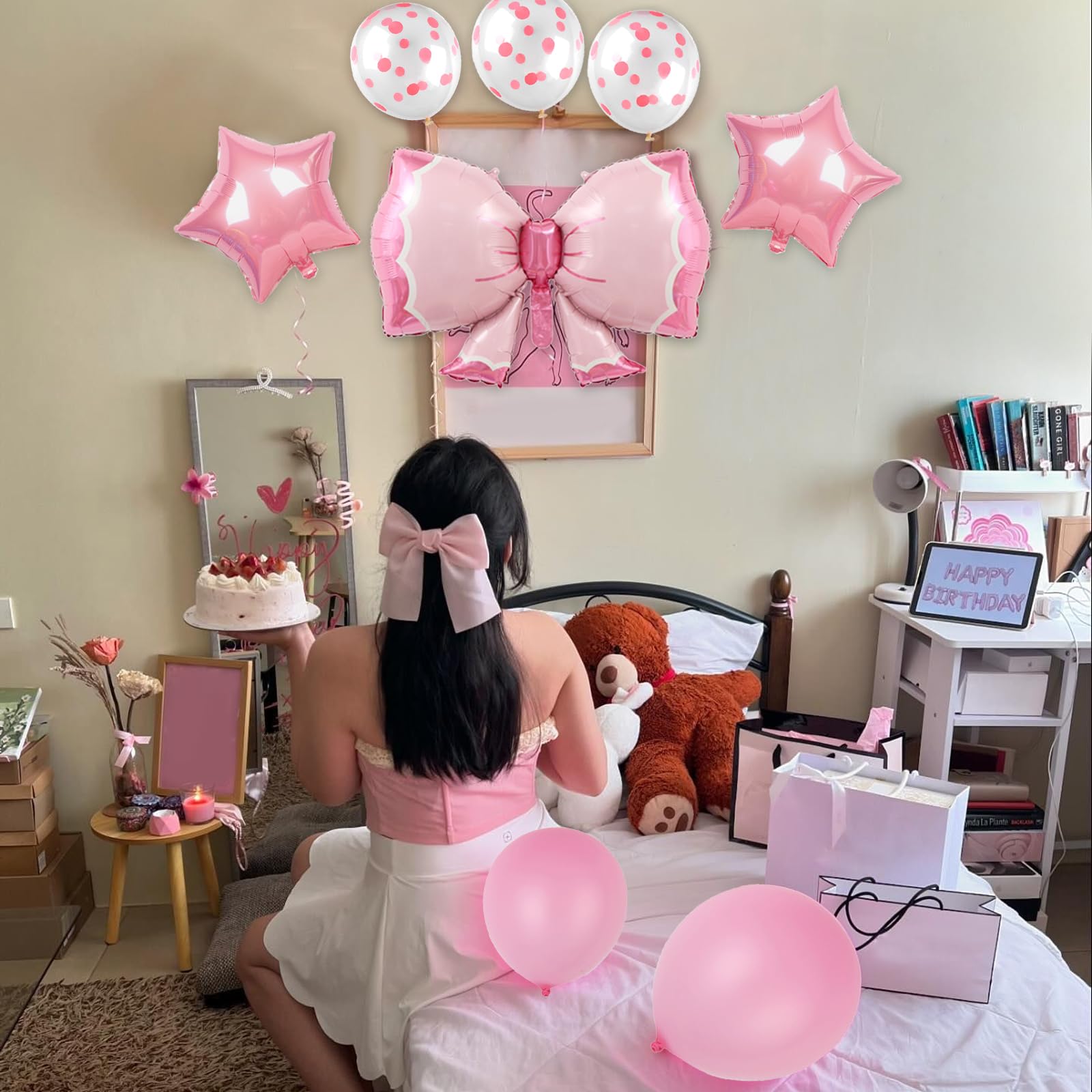 Pink Bow Birthday Party Decorations,Coquette Birthday Decorations Girl Bow Theme Birthday Party Decor Pink Bow Balloon Bow Happy Birthday Banner for Girl 1st 2nd Birthday