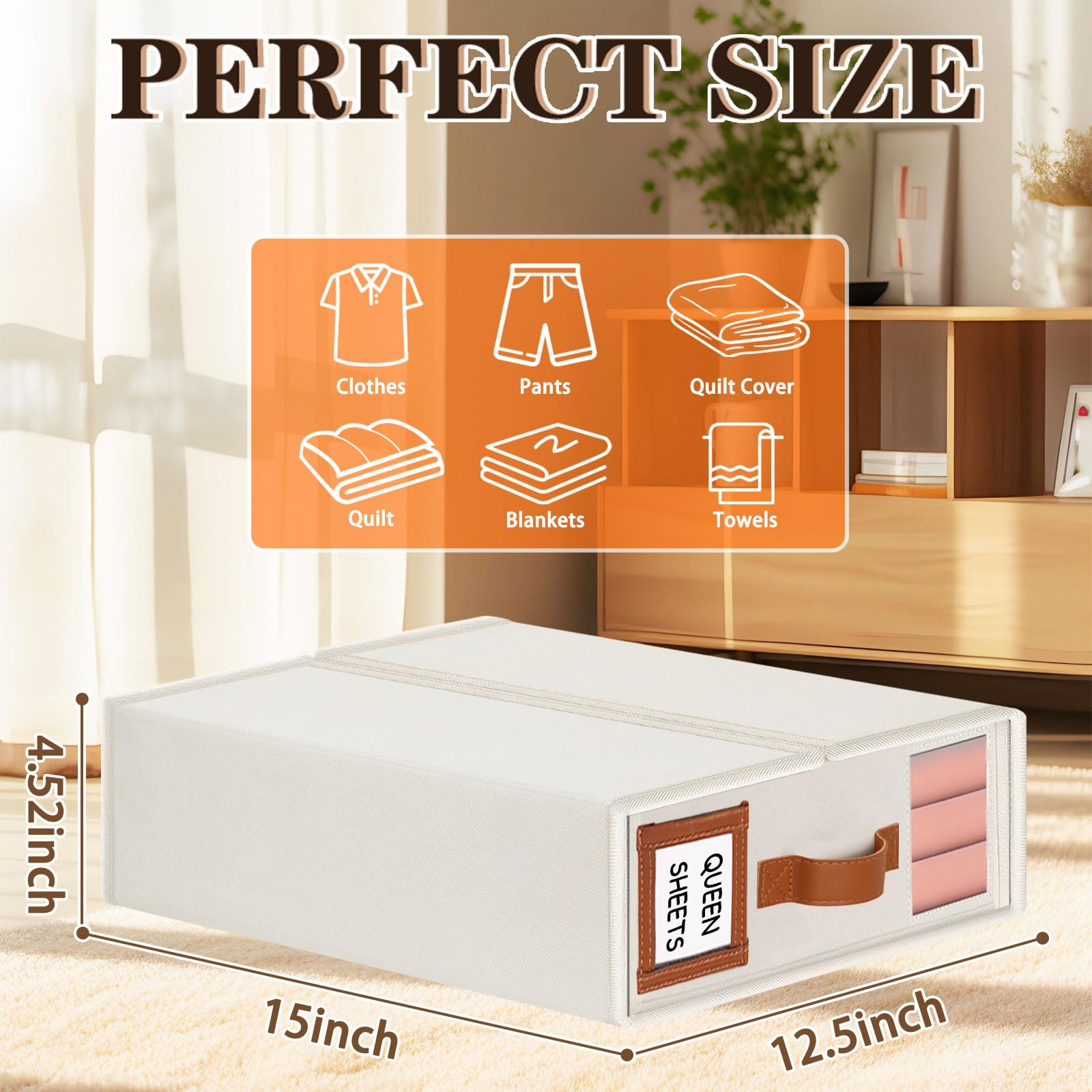 LHZK Sheet Organizers and Storage 4 Pack, Foldable Bed Sheet Organizers and Storage (Queen & King Size), Bed Sheet Organizer with Leather Handle, Window and Label