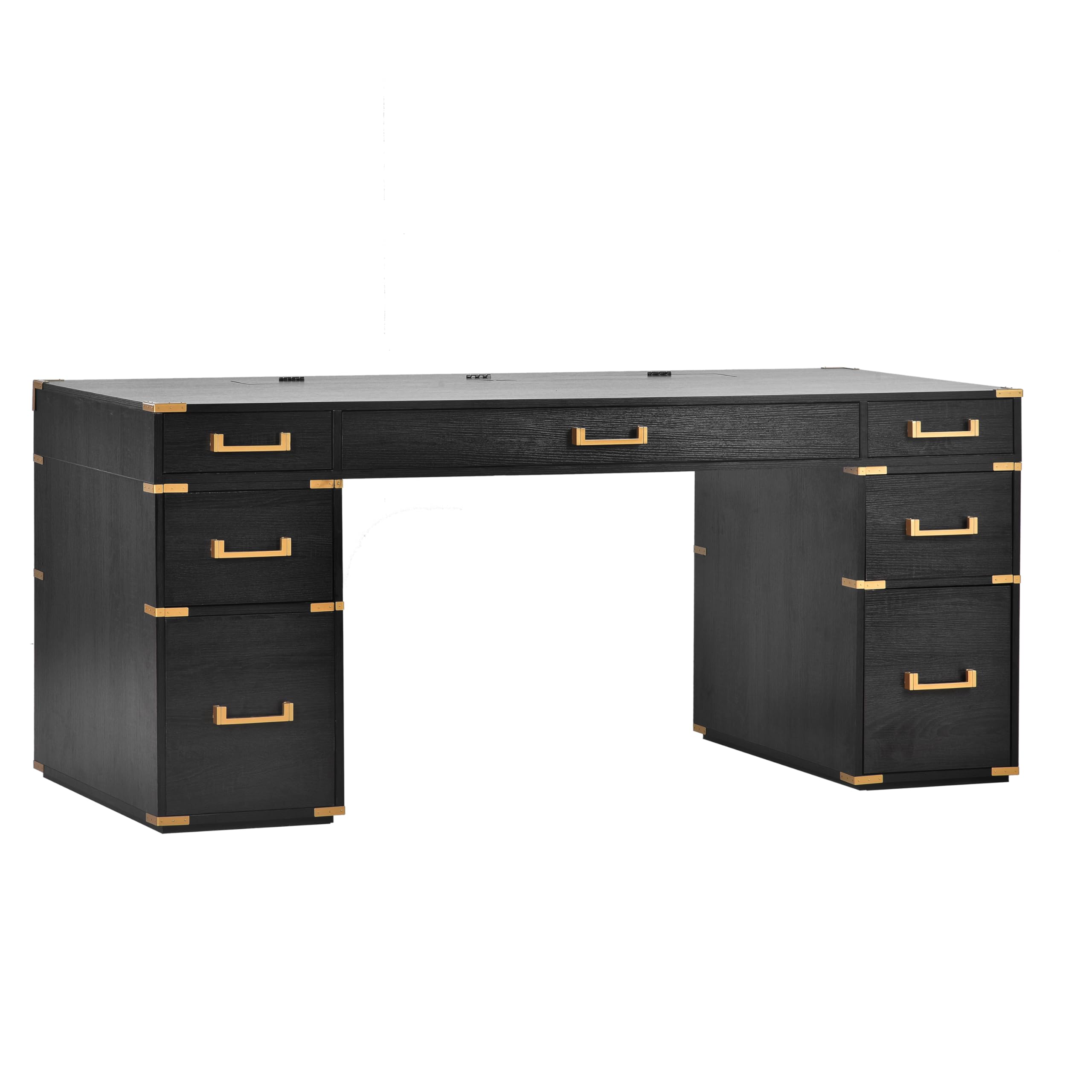 70" Classic and Traditional Executive Desk with Metal Edge Trim, Writing Desk with 7 Drawers, USB Port and Outlets, Desk with Hidden Compartment for Living Room, Home Office, Study Room, Black