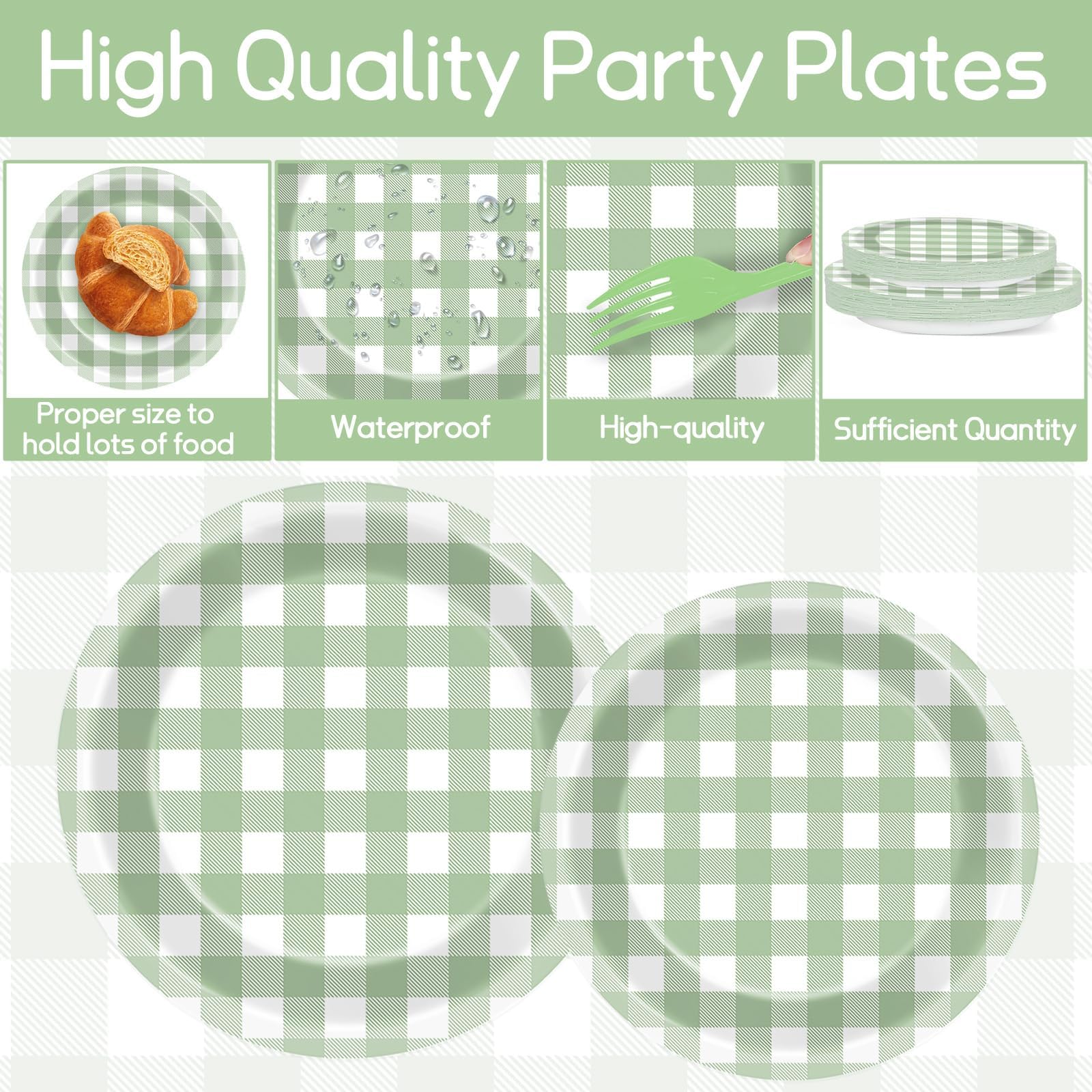 96 Pcs Sage Green Party Decorations Green Gingham Checkered Theme Tableware Set Green Plaid Plates Napkins Forks for Baby Shower Table Dinnerware Kids Boys Birthday Party Supplies 24 Guests