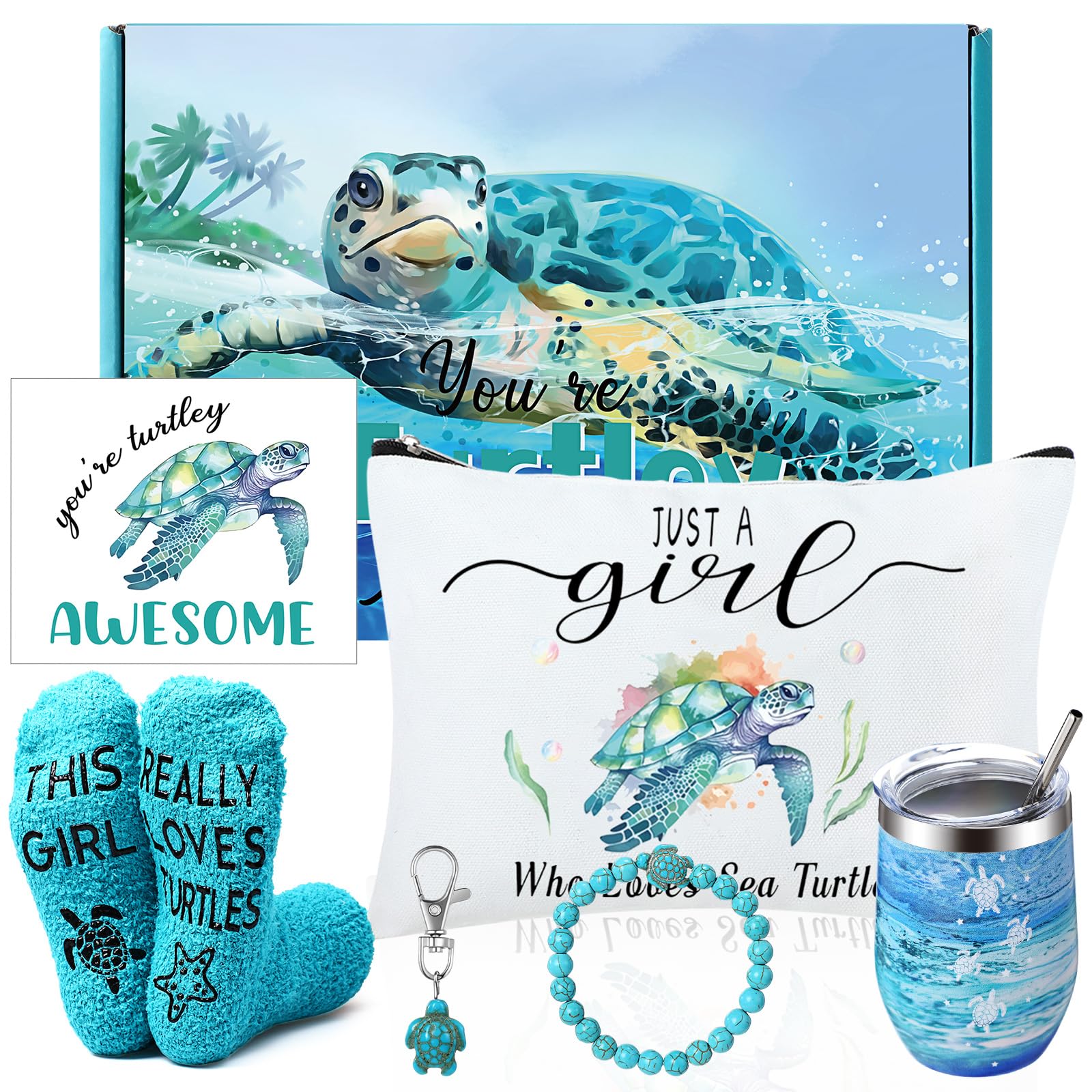 Tondiamo Sea Turtle Gifts for Women Ocean Gifts for Turtle Lovers Includes Tumbler Turtles Makeup Bag Keychain Card Turtle Socks Ocean Bracelets for Women Sister Friends Valentines Day Gifts