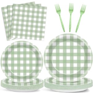 96 pcs sage green party decorations green gingham checkered theme tableware set green plaid plates napkins forks for baby shower table dinnerware kids boys birthday party supplies 24 guests