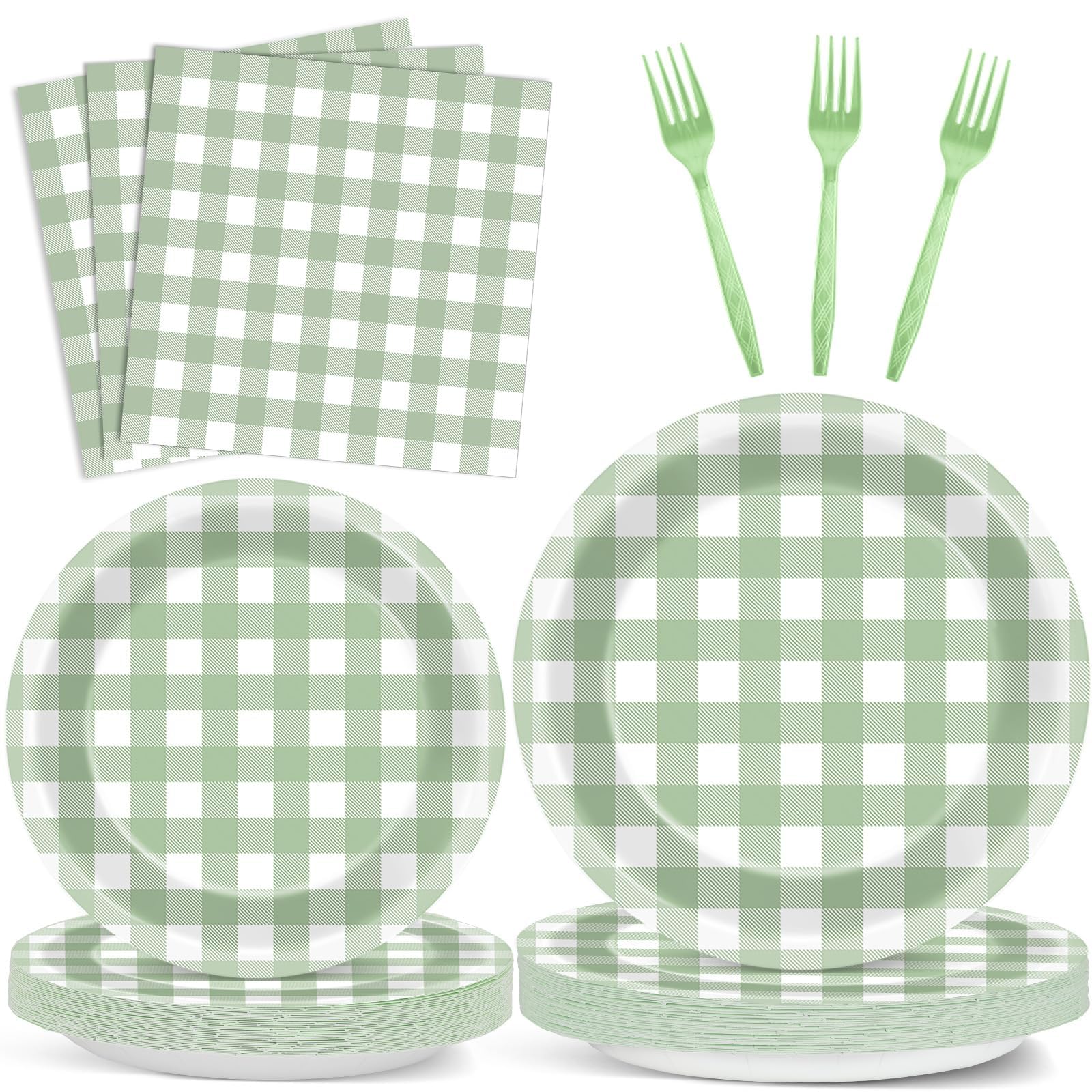 96 Pcs Sage Green Party Decorations Green Gingham Checkered Theme Tableware Set Green Plaid Plates Napkins Forks for Baby Shower Table Dinnerware Kids Boys Birthday Party Supplies 24 Guests