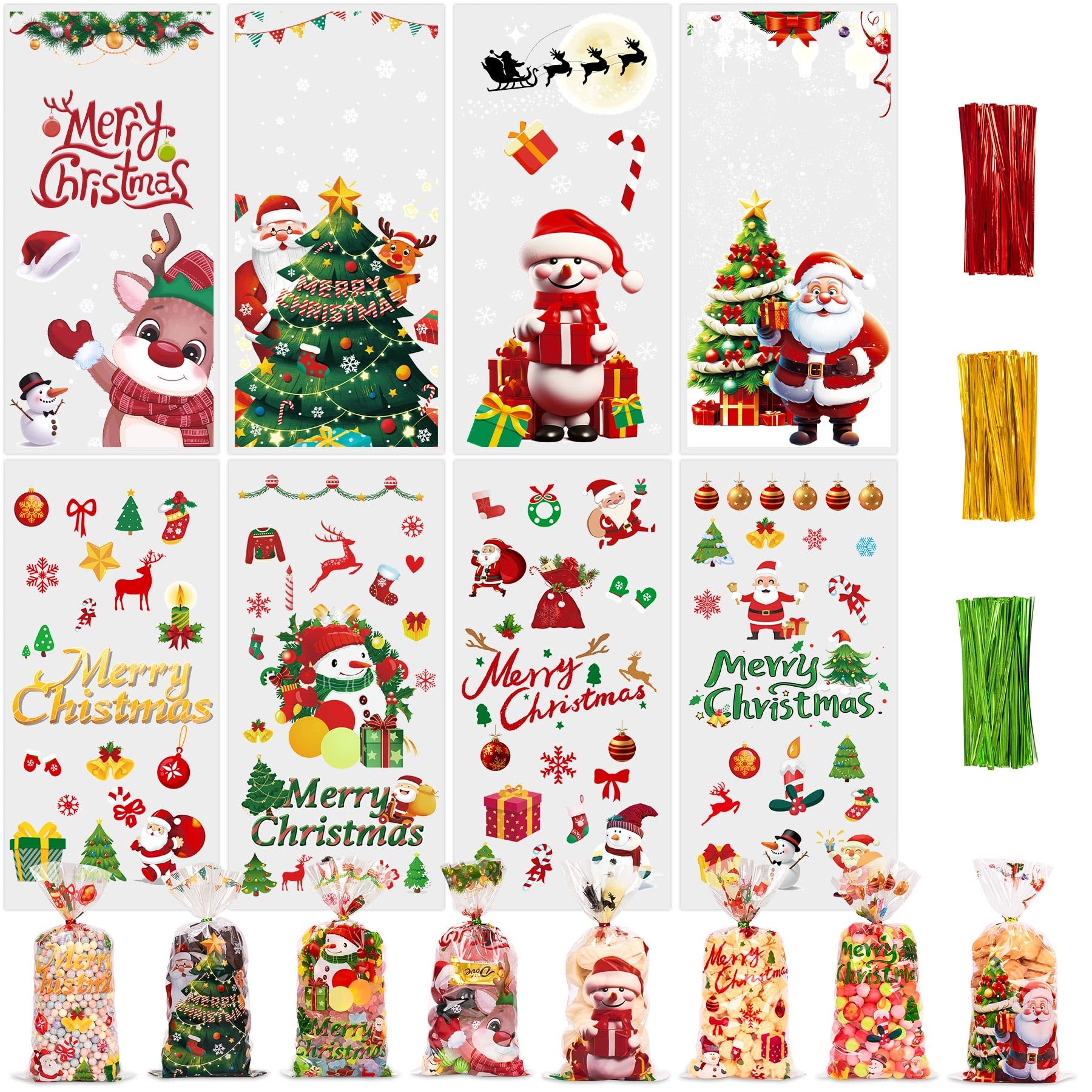 Toptime Christmas Treat Bags, 160PCS Christmas Cellophane Candy Bags with Ties, Clear Christmas Goody Bags with Santa Claus Xmas Tree Snowman Reindeer, Cello Cookie Bags for Holiday Party Favor