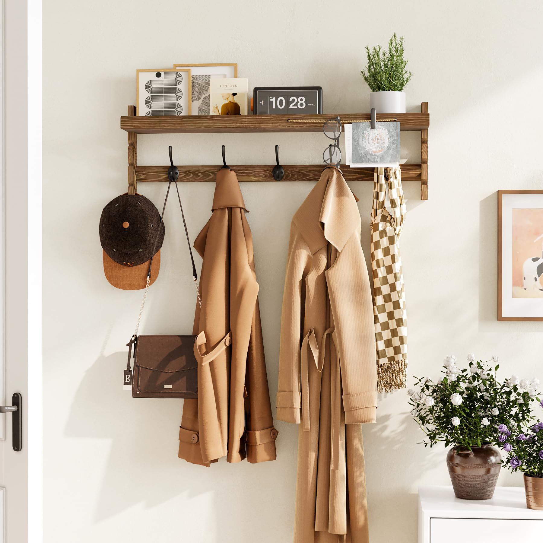 AMBIRD Wall Hooks with Shelf 28.9inch Entryway Wall Hanging Shelf Wood Coat Hooks for Wall with Shelf Coat Rack Wall Mount Rack with 5 Dual Hooks with Glasses Organizer and Hat Organizer