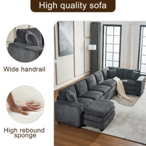 Hujota Oversized Modular Sectional Sofa, Modern U-Shaped Corduroy 7-Seat Sofa Couch with Ottoman & 3 toss Pillows, Deep Sofa Lounger, Comfy Upholstered Sofa for Living Room Apartmen (Grey)