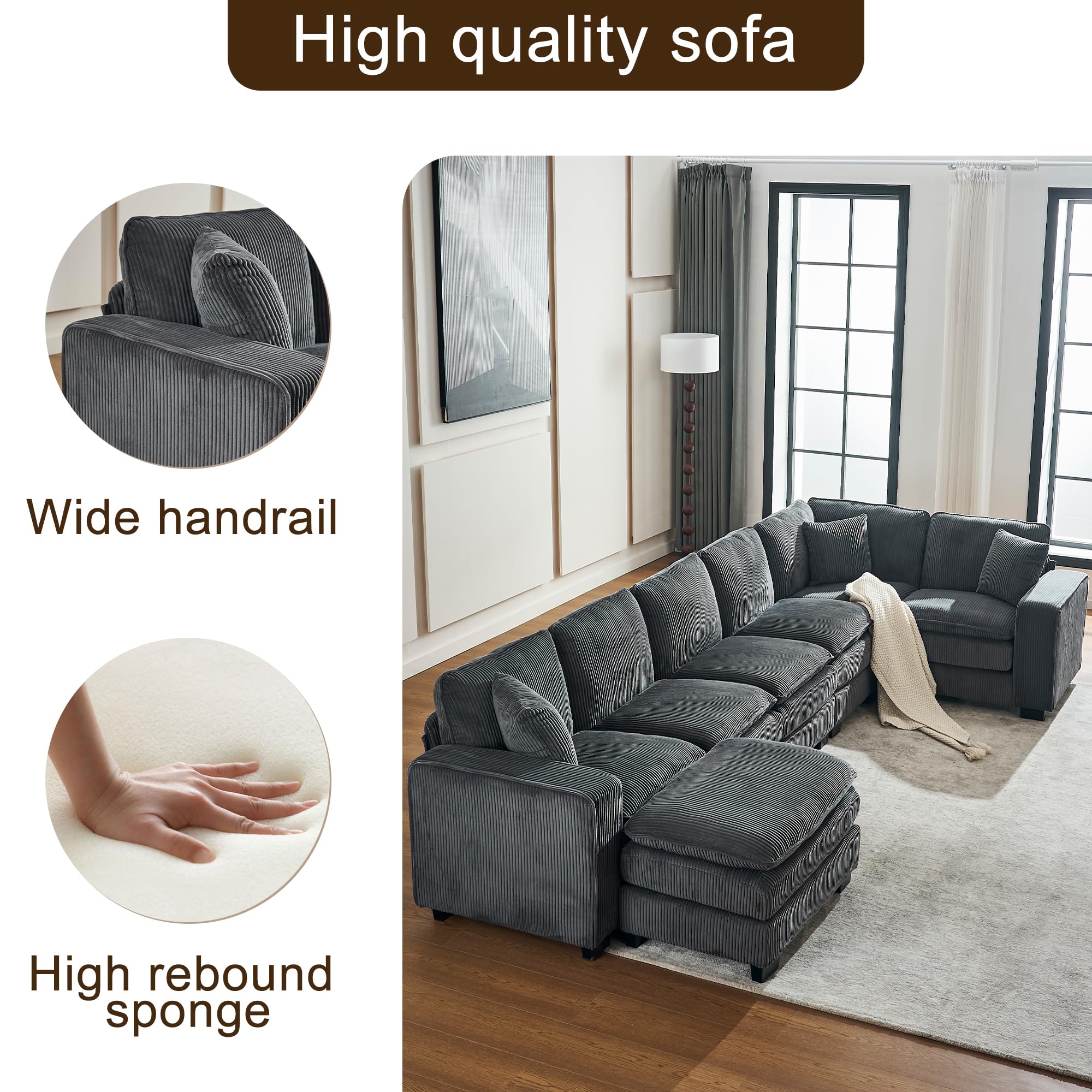 Hujota Oversized Modular Sectional Sofa, Modern U-Shaped Corduroy 7-Seat Sofa Couch with Ottoman & 3 toss Pillows, Deep Sofa Lounger, Comfy Upholstered Sofa for Living Room Apartmen (Grey)