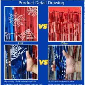 Spider Web Birthday Decorations Backdrop 2 Pack Spider Party Supplies Red Blue and Black Halloween Tinsel Foil Fringe Curtains Party Streamers Background for Boys Spider Theme Party Decorations