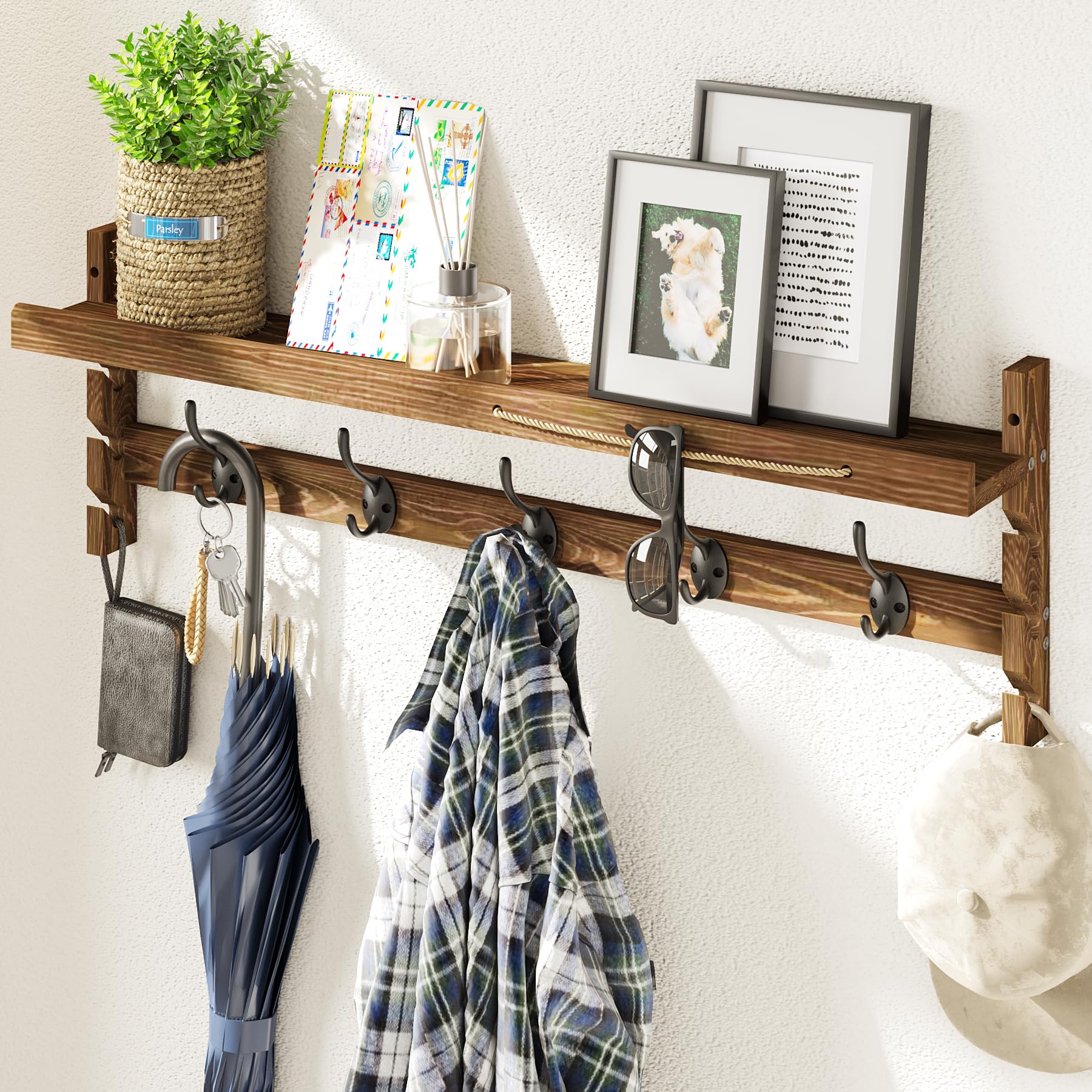 AMBIRD Wall Hooks with Shelf 28.9inch Entryway Wall Hanging Shelf Wood Coat Hooks for Wall with Shelf Coat Rack Wall Mount Rack with 5 Dual Hooks with Glasses Organizer and Hat Organizer