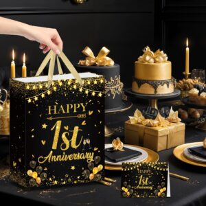 1st Anniversary Paper Gift Bag Black Gold One Year Wrapping Paper Bag with Tissue Paper Card Happy First Wedding Anniversary Party Gift Bag for Couple Wife Husband 1st Wedding Anniversary Decorations