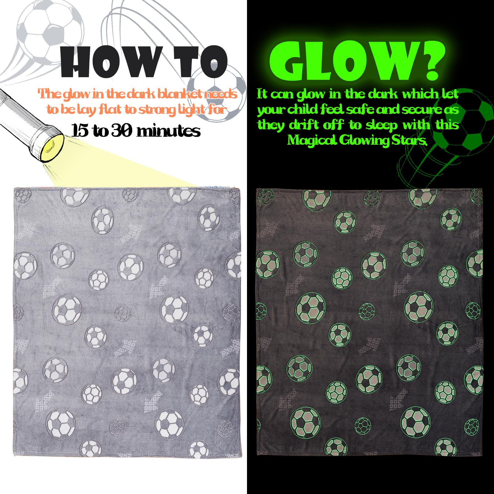 UOMNY Glow in The Dark Blanket for Boys Soft Football Throw Blanket Kids Luminous Balls Blankets for Couch Bedroom Decor Luminous Blanket Grey 50 x 60 inch ﻿