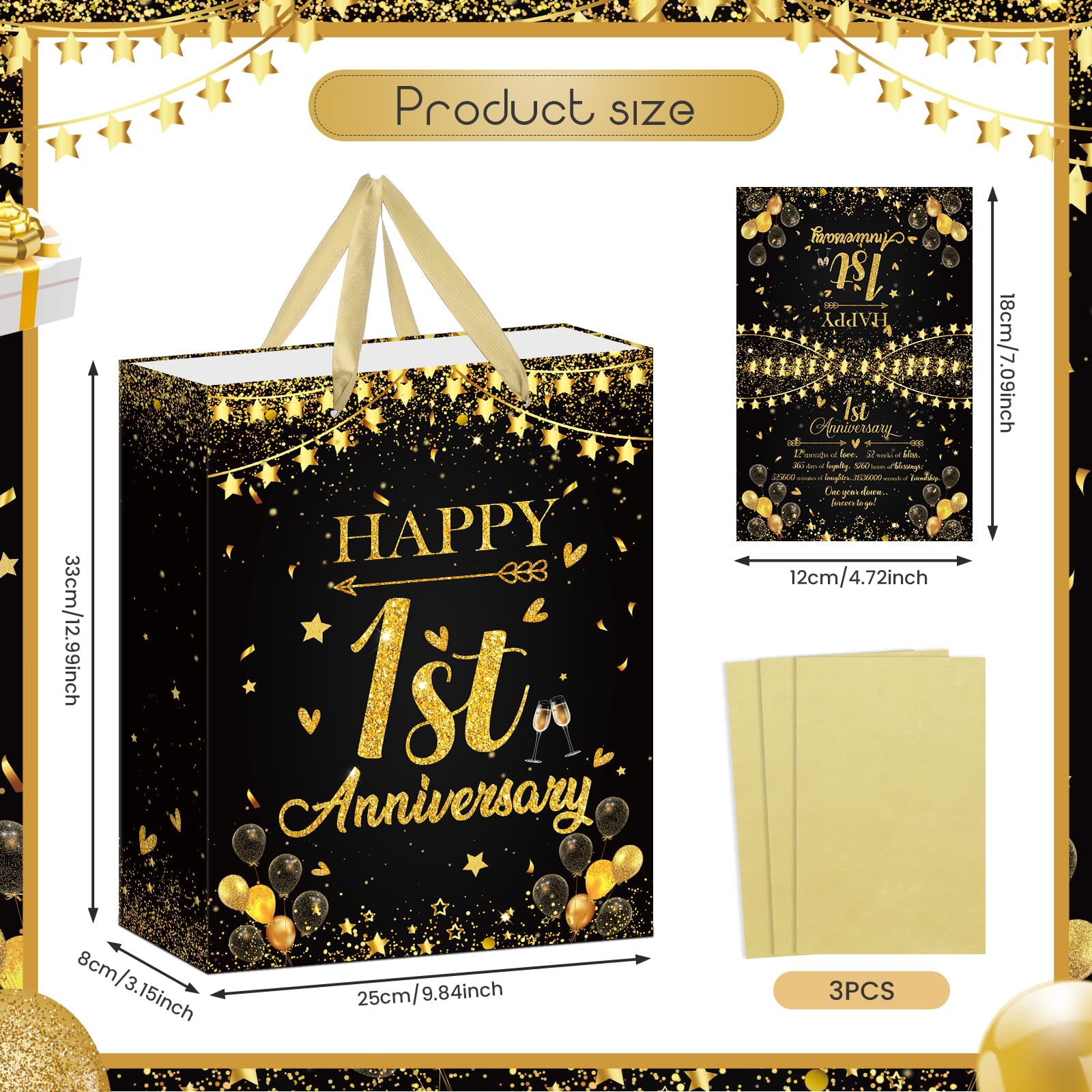 1st Anniversary Paper Gift Bag Black Gold One Year Wrapping Paper Bag with Tissue Paper Card Happy First Wedding Anniversary Party Gift Bag for Couple Wife Husband 1st Wedding Anniversary Decorations