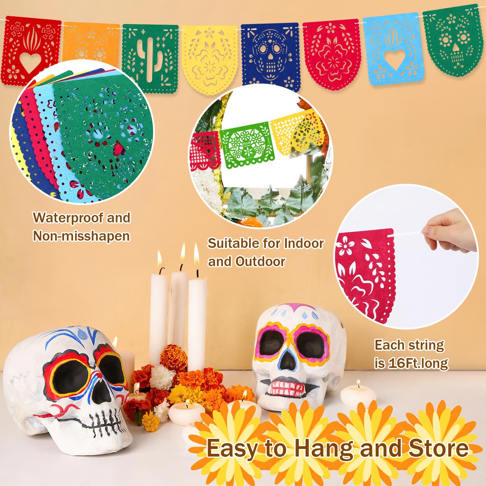 SEPGLITTER 5 Packs Mexican Party Banners, Felt Fiesta Banner Papel Picado Banners Cinco de Mayo Dia De Los Muertos Decor for Day of The Dead Wedding and Mexican Theme Party Supplies