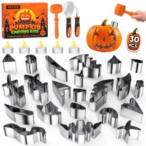 halloween pumpkin carving kit tools: 30pcs pumpkin carving tools set includes 22 stainless steel stencils, hammer, spoon, carve knife, candles, halloween gifts diy pumpkin decorating kit safe for kids