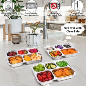 Stainless Steel Snack Containers with Lids - 3 Pack - 5 Compartments Bento Snack Boxes - Reusable Meal Prep Lunch Containers for Kids Adults - Divided Food Storage Containers for School Home Travel