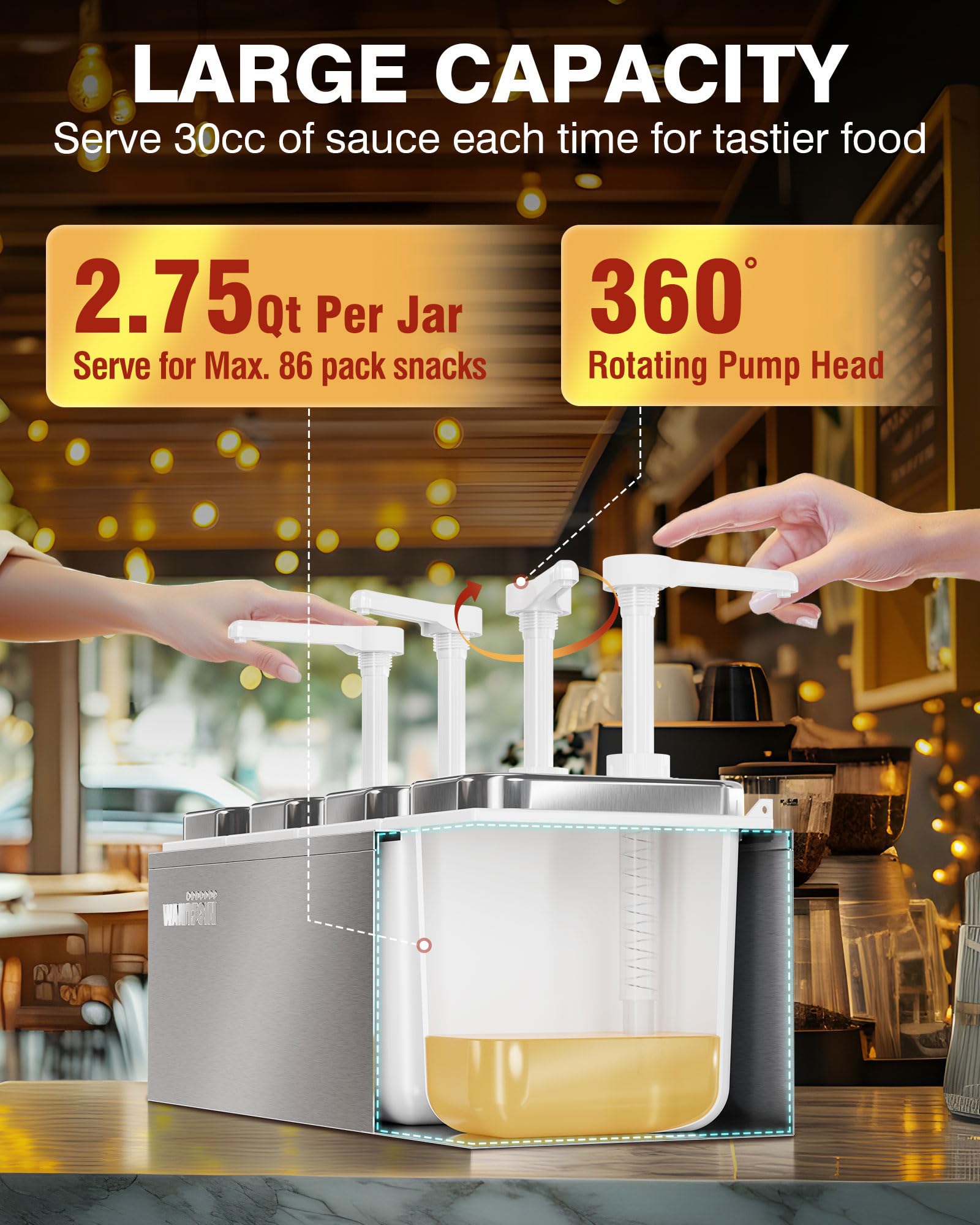 WantJoin Sauce Dispenser with 4 of 2.75 Quart/2.6 L Jars Stainless Steel Condiment Pump Station Commercial Ketchup Dispenser Pump Sauce Containers for Restaurant Salad Dressing Syrup Jam Salsa Sauce