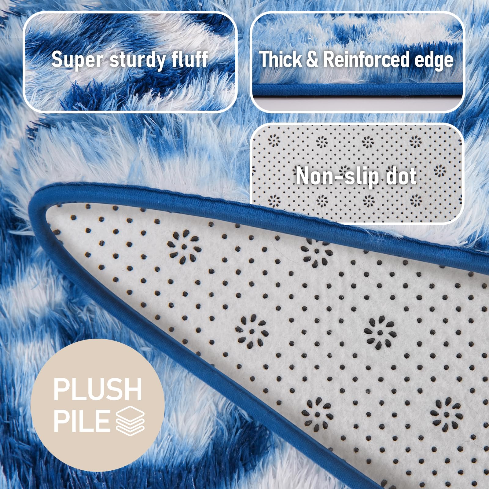 Blue White Rug for Living Room Fluffy 4x6 ft Bedroom Rug Non-Slip Fuzzy Area Rugs Shag Carpet for Nursery Kids Play Room Dorm Office Indoor 1.7'' Thick Soft Modern Plush Carpets