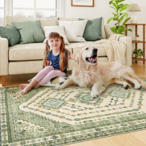 Boho Sage Green Area Rug 5x7 Living Room Rugs,Colorful Southwestern Rug for Bedroom,Large Dining Room Nursery Rug Non Slip,Washable Farmhouse Carpet for Playroom Entryway(Green/Beige/Multi,5'x7')