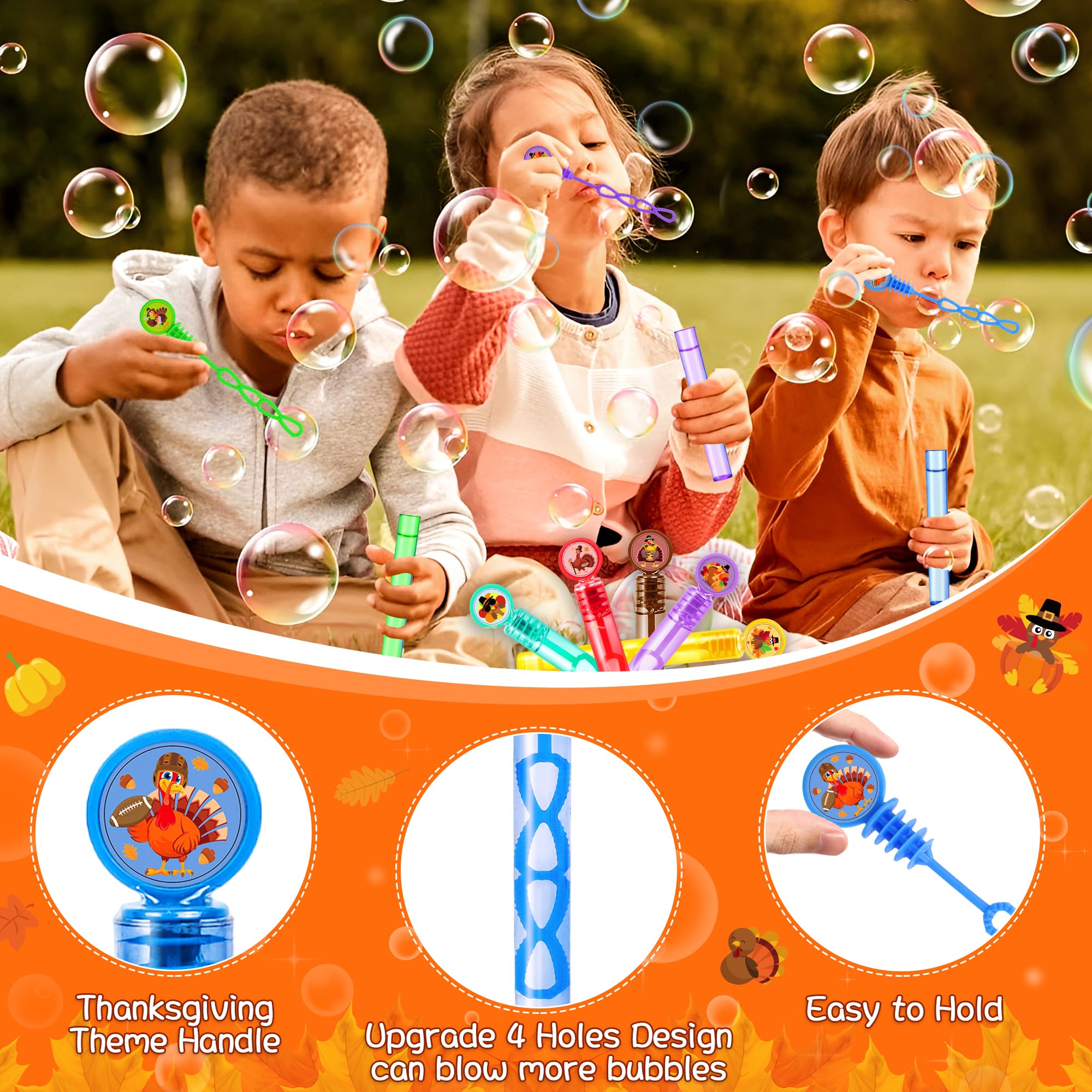 48Pcs Fall Thanksgiving Party Favors Bubble Wands for Kids, Pumpkin Turkey Thanksgiving Basket Stuffers Goodie Bag Fillers Fall Thanksgiving Toys Bulk Classroom Prizes Gift for Toddlers Party Supplies